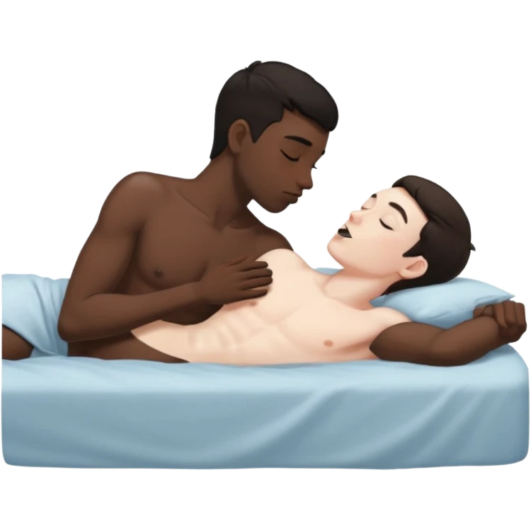 Dark hair White male laying back on the bed naked kissing black male emoji