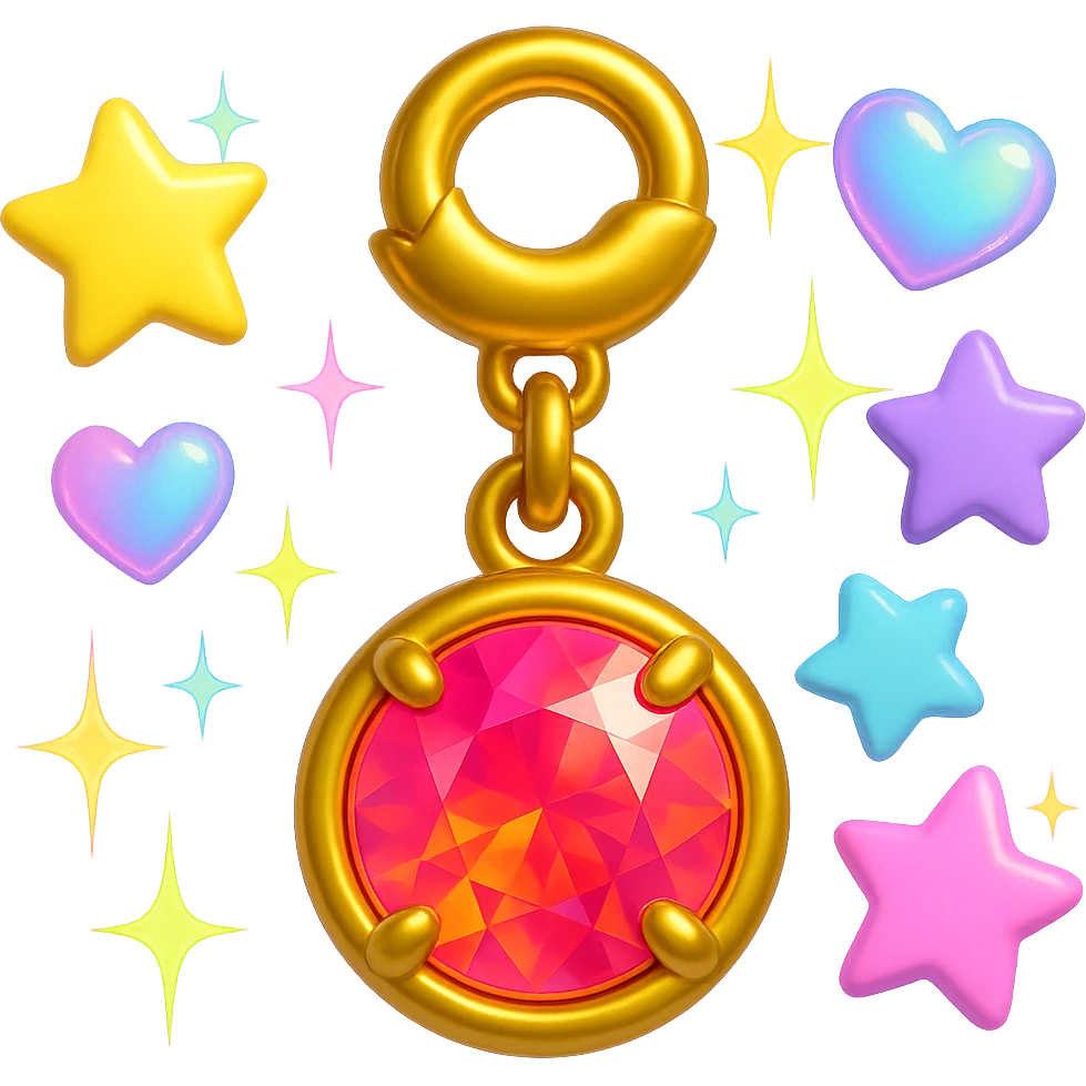 add more Y2K accents: pastel stars, iridescent hearts, and neon sparkles around the elegant round cut pink sapphire holographic charm with gold setting and gold jump ring, extreme close-up, 3D emoji style emoji
