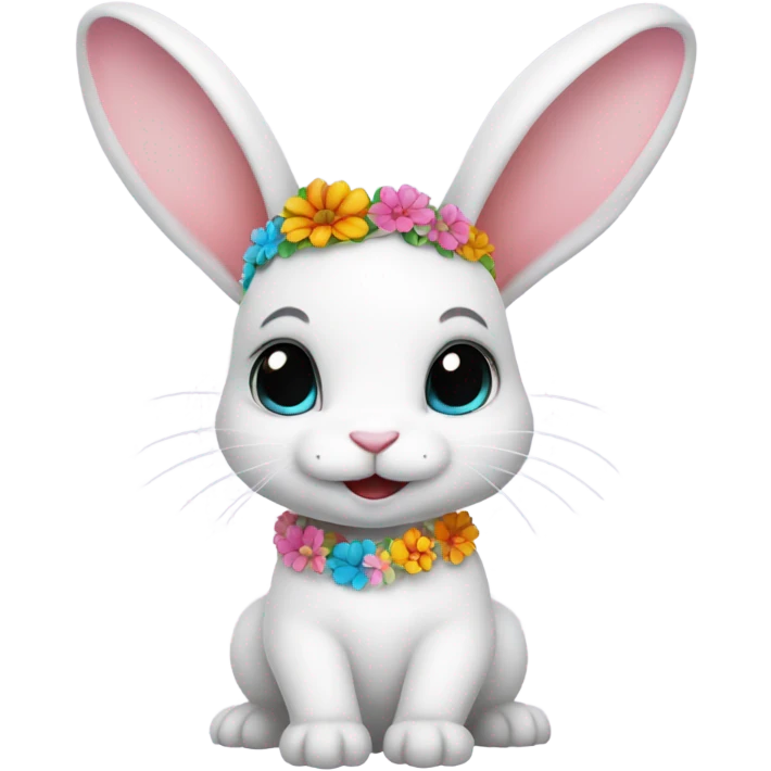 White bunny with short ears wearing a flower headband, flower necklace, and a flower bracelet  emoji