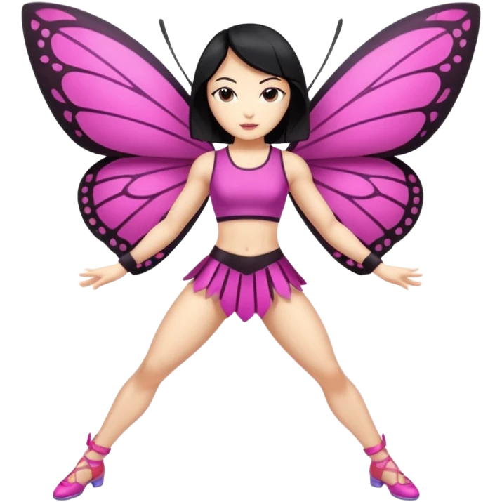 full body east asian woman black hair bob muscular build butterfly blade dancer emoji