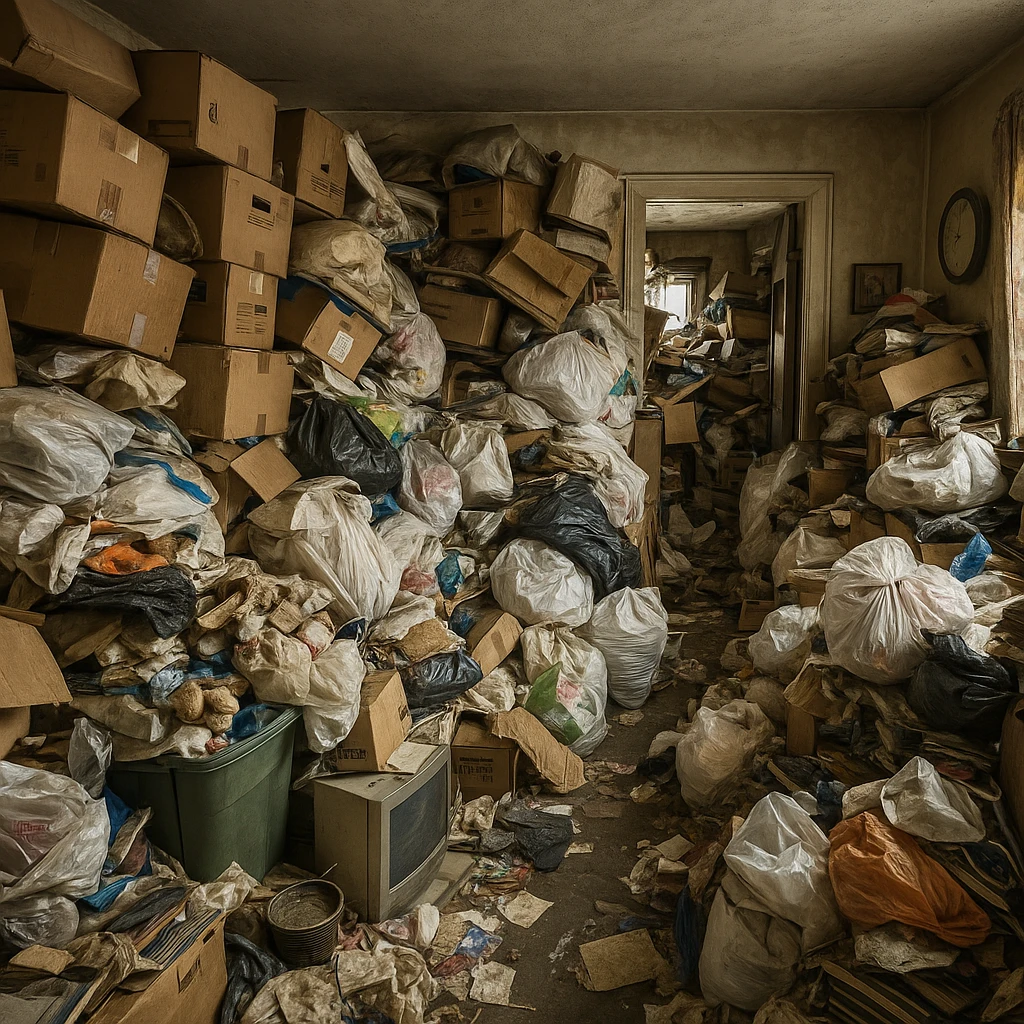 a cluttered house overflowing with boxes, bags, and random items, representing a hoarding house, detailed, chaotic, messy environment emoji