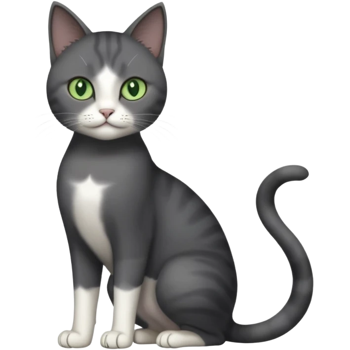 full body view of beautiful female dark grey cat with green eyes, white toes and white patch on chest emoji