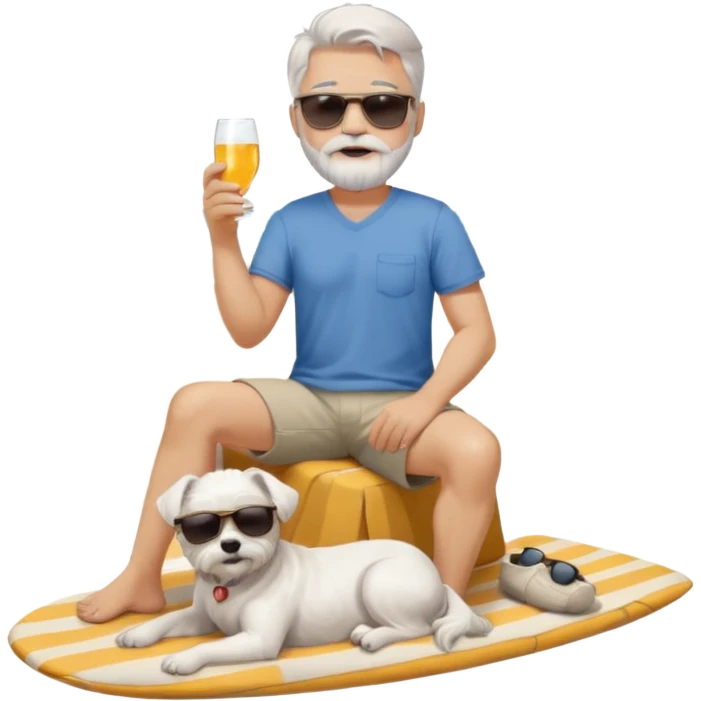 white man grey hair beard holding a white Maltese relaxing on a beach full body 1 dog emoji