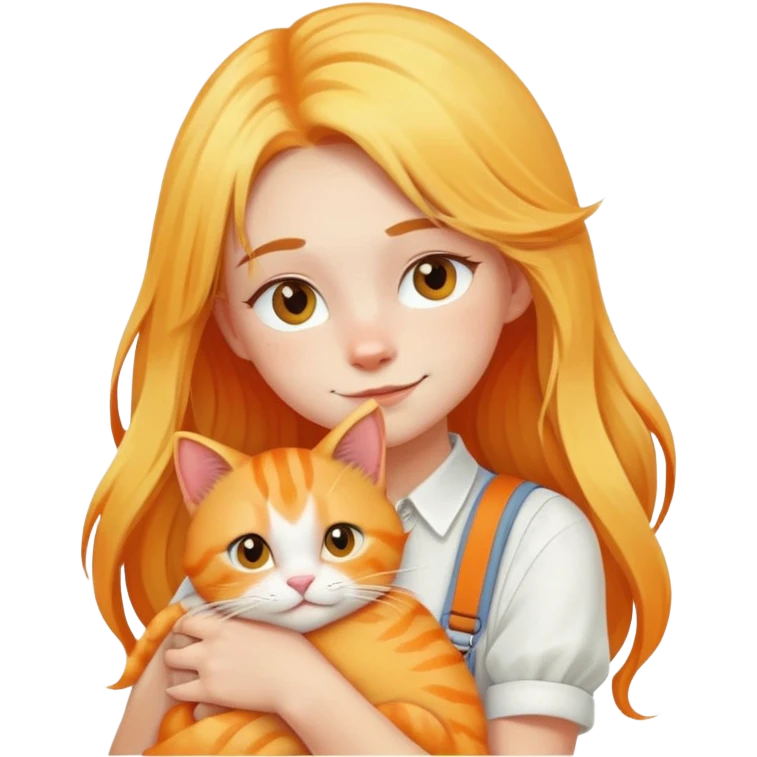 Caucasian girl - long yellow hair - white suspenders - hugging - a orange cat emoji