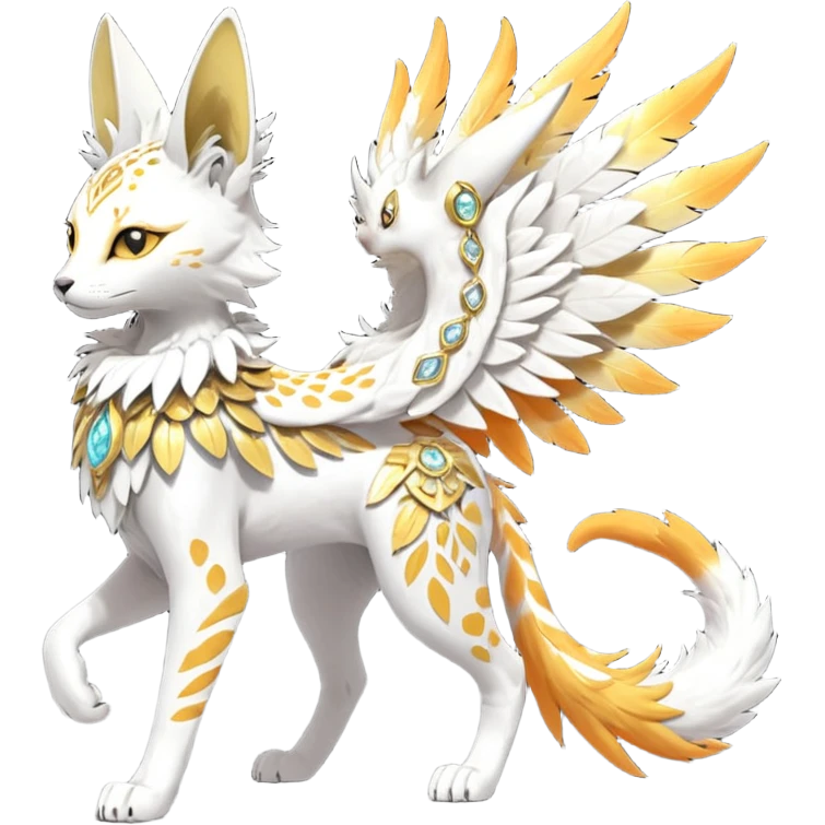 Epic complex fantasy glorious detailed futuristic divine godly angelic feathery sunny, white, albino, pastel, golden, orange glowing sparkly, realistic Fakémon-Sprigatito-Floragato-Meowscarada-Trico-Sergal-Serval-Solgaleo-Vernid-creature (full body) solarpunk, shiny sparkly with a gold laurel emoji