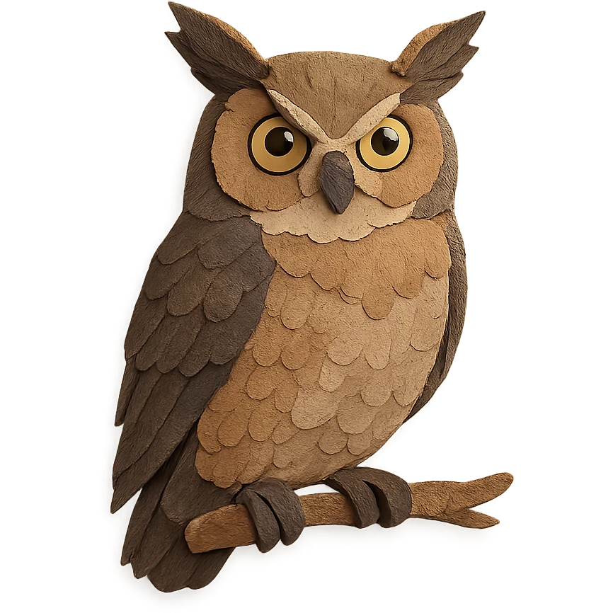 great horned owl on a branch, layered paper details, expressive yellow eyes, prominent ear tufts, brown and gray plumage, naturalistic pose emoji
