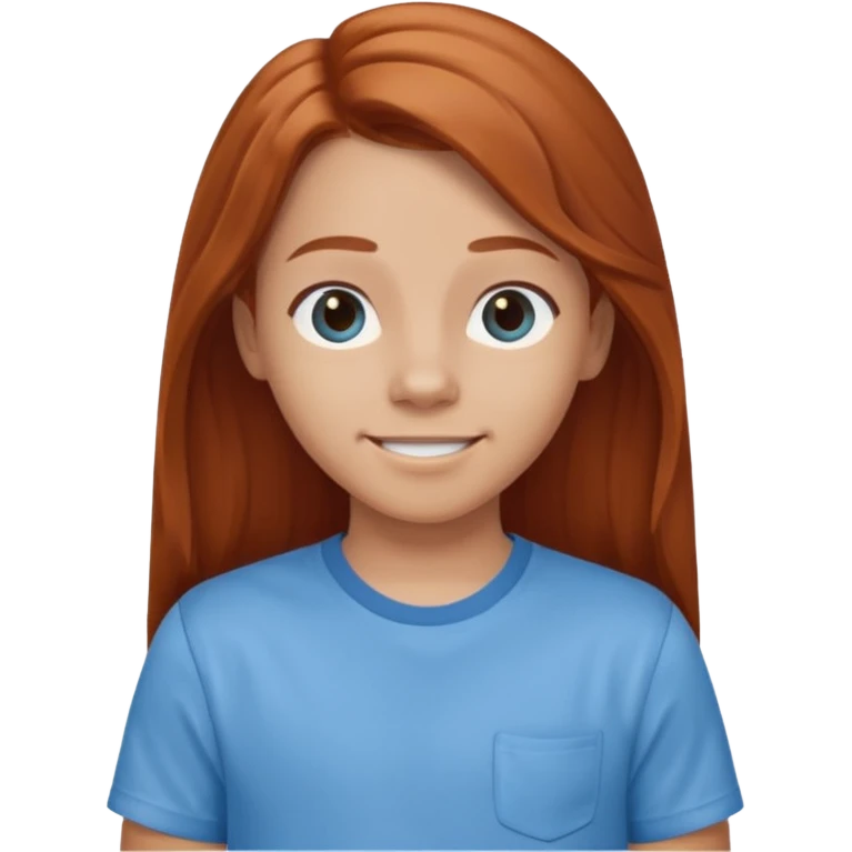 smiling shrugging emoji tween long auburn hair light blue shirt with a darker blue L emoji
