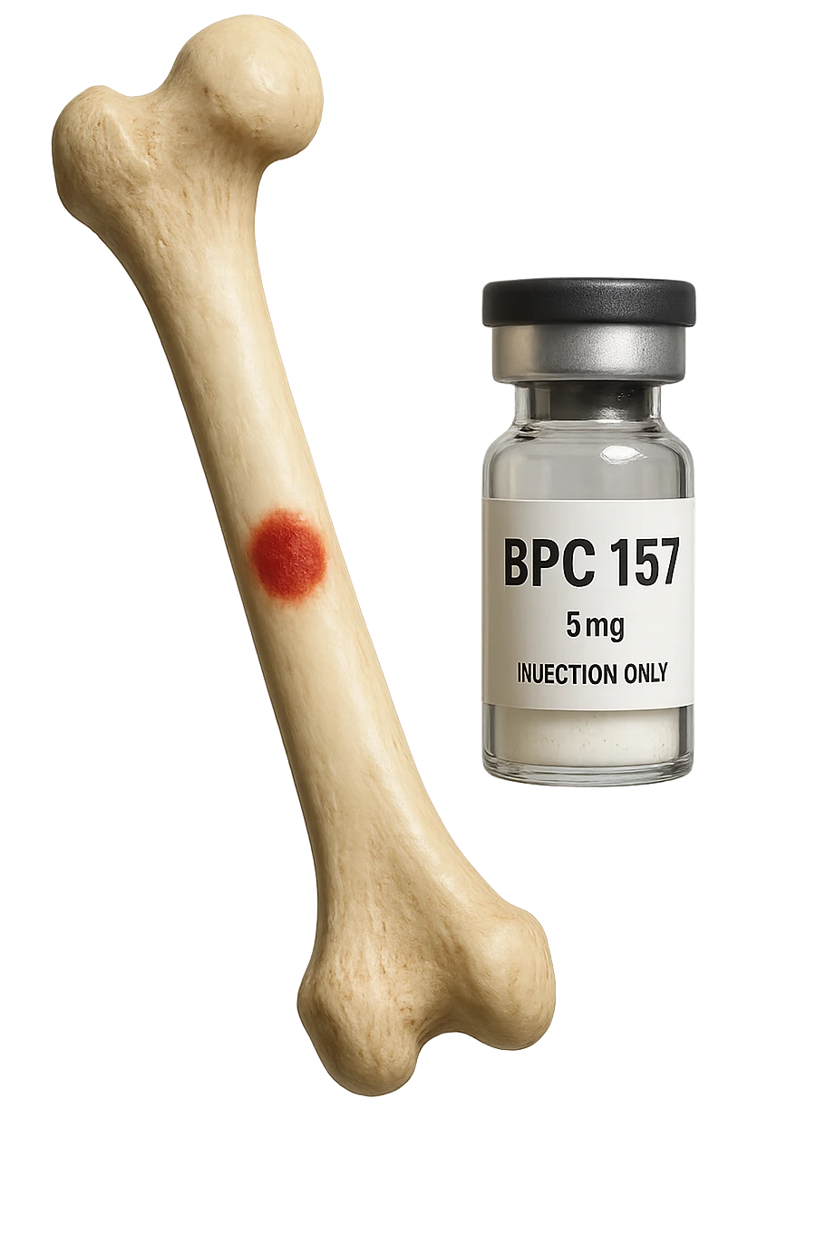 osso umano con red spot fluttua insiema a fiala medica con la scritta "BPC 157" SULL'ETICHETTA, iperrealistiche 4k emoji