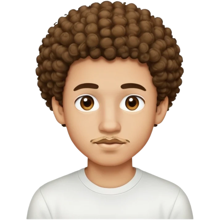 17 year old light-skinned boy with slightly brown smaller eyes, small mustache above lip, very curly hair like a small afro with cut sides, one single curl like an antenna falling on forehead, wearing a tight white shirt emoji