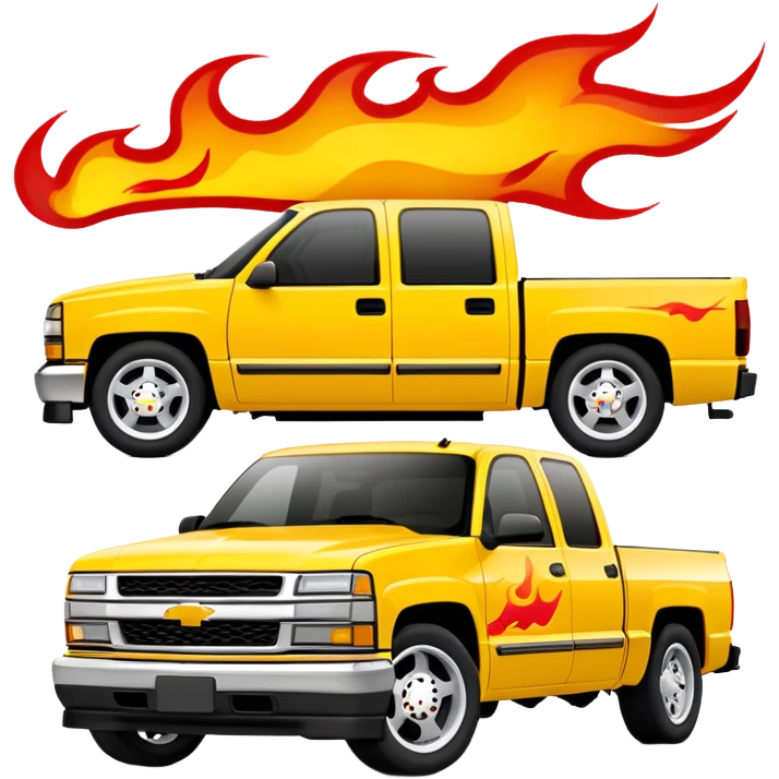 Yellow 1997 Chevrolet Silverado Crew Cab with prominent red flame graphics on the hood and front fenders, 30-degree angle, iconic Kill Bill truck, iOS emoji style emoji