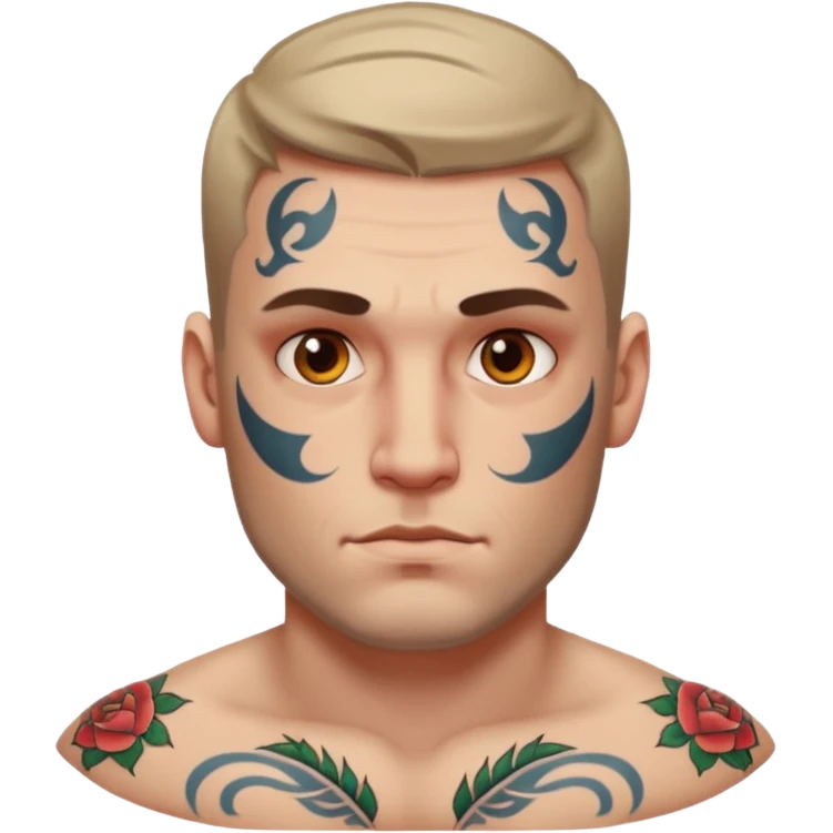 tattoo man, white skintone,tattoos on face, more visible, bulky man with tattos on his chest. emoji