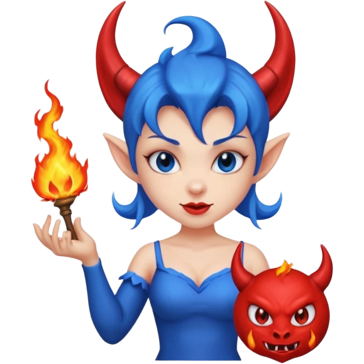 Female devil Cute blue imp holding fireball,  cute face, half body emoji