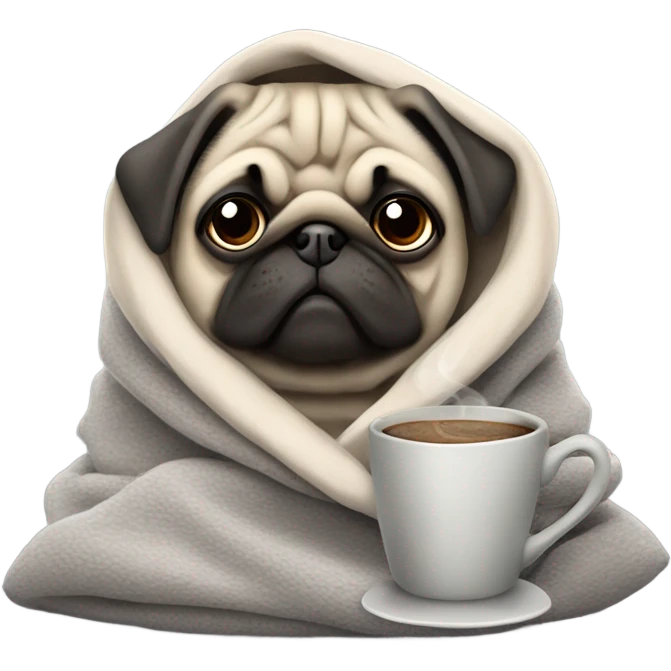 dog pug in a gray blanket with a cup of coffee emoji