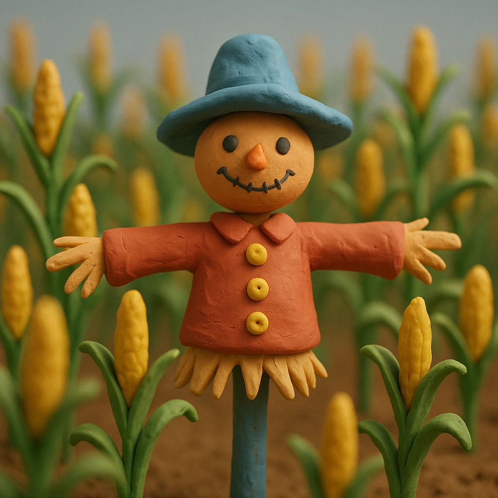 corn field with a colorful and whimsical scarecrow, soft lighting, claymation style emoji