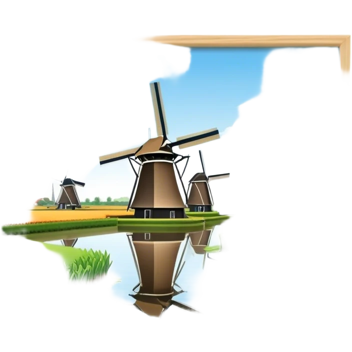Cinematic Realistic Kinderdijk Windmills Landmark Emoji, showcasing traditional Dutch windmills aligned along a tranquil canal, with lush green fields, soft ripples in the water. emoji