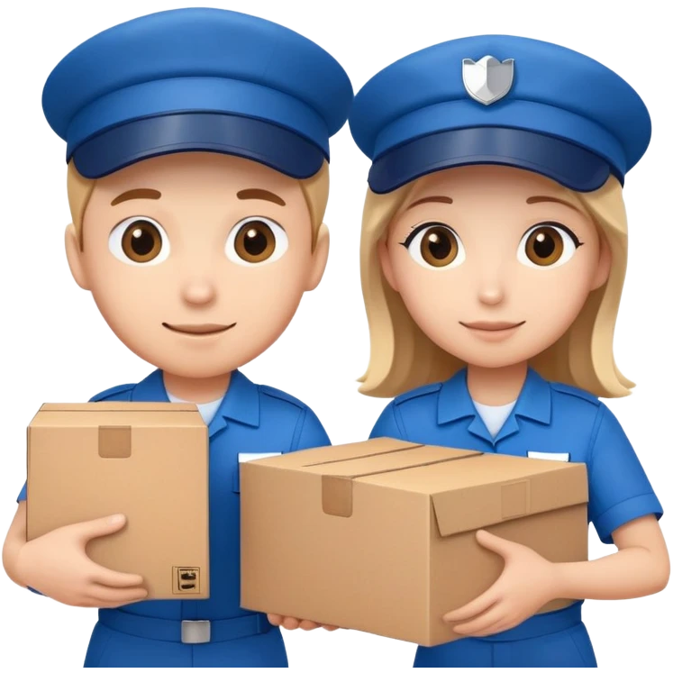 two suppliers in blue uniforms and caps holding a big box together, different pose emoji