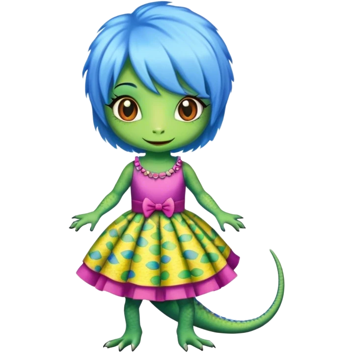 Lizard wearing dress and makeup and blue wig emoji