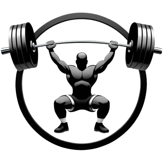 Powerlifting emblem featuring a stylized barbell with heavy weights, bold and strong font, dynamic lines, and muscular silhouette. Clean, modern, and impactful design, suitable for representing the strength and power of the sport. Transparent background. emoji