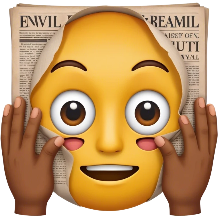generate a yellow-circle face emoji of a newspaper being held by two hands on the sides and has eye holes cut out for the face's eyes to peak through emoji