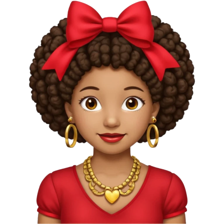 Brownskin girl dark brown hair afro pigtails with red bows brown eyes smiling closed mouth red shirt gold esrrings gold necklace emoji