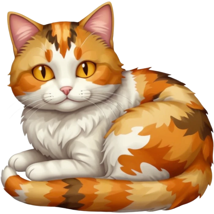 full body colourful light patched calico tabby cat with hazel eyes sleeping emoji