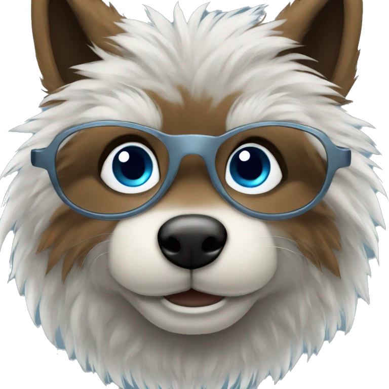 big brown furry wolf boy with blue eyes wearing round silver glasses emoji