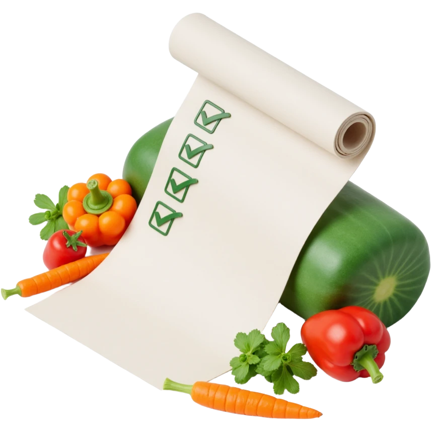floating rolled paper list with green checkboxes and around vegetables emoji