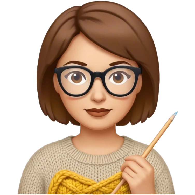 Mid aged woman with glasses and short brown hair knitting emoji