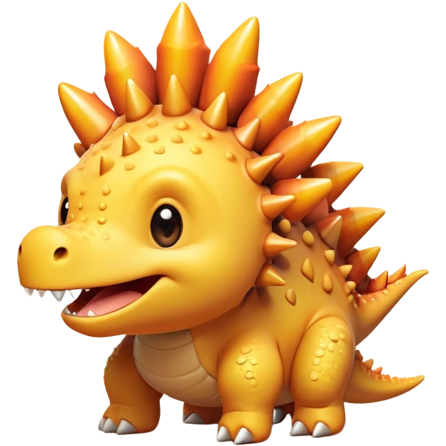 Cinematic Cute Stegosaurus Portrait Emoji, Head tilted playfully with a cheeky grin, featuring a charming, low-profile body with iconic, rounded bony plates and a spiky tail, a small head with sparkling, curious eyes, Simplified yet irresistibly adorable features, highly detailed, glowing with a warm, inviting earthy glow, high shine, affectionate and spirited, stylized with a touch of whimsical prehistoric charm, soft glowing outline, capturing the essence of a mischievous yet endearing Stegosaurus that seems as if it could waddle out of the screen into your arms! emoji