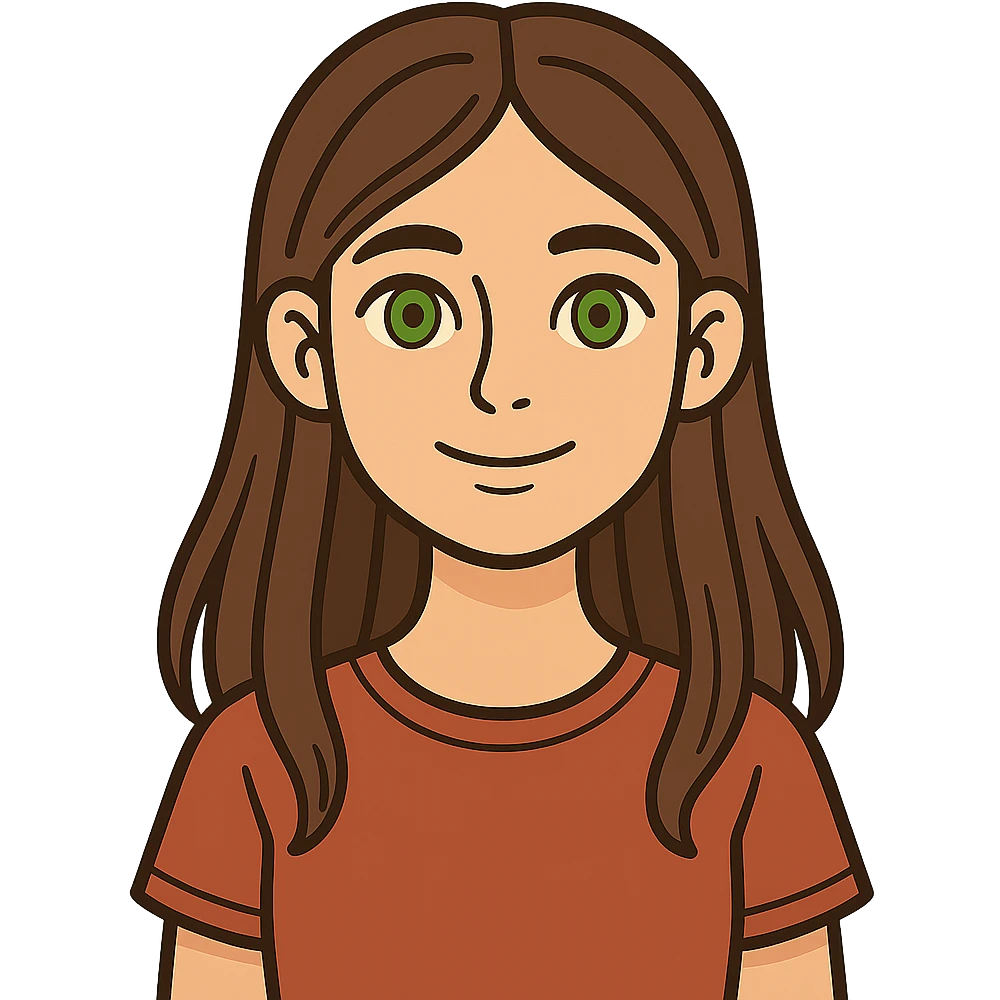 flat toon style portrait of a 17-year-old girl with green eyes, light skin, and long brown hair emoji