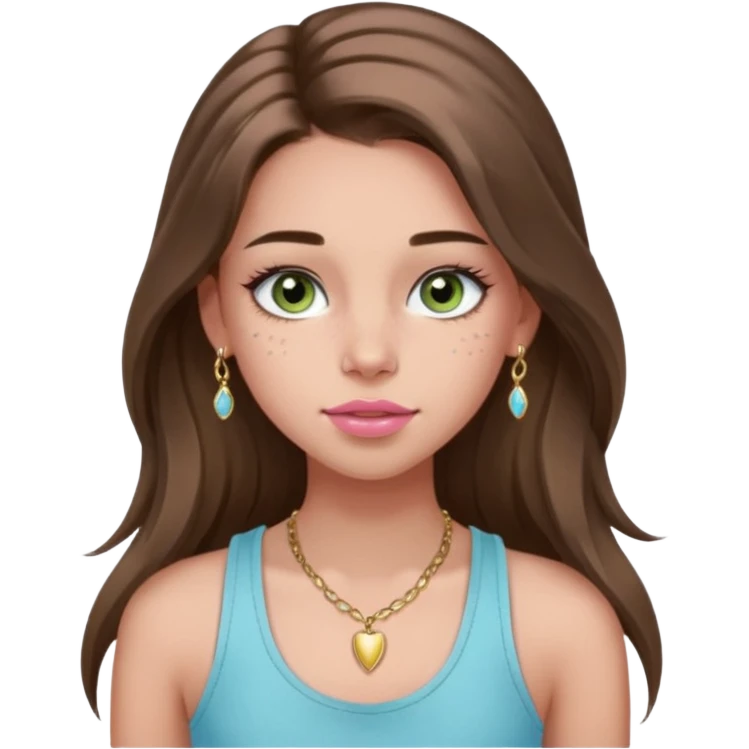 Create a teen girl wearing a light blue tank top. She will have long brunette hair, tan skin, pink lips, and grey-green eyes. She has long eyelashes. She also has light freckles and is wearing tiny gold jewelry emoji