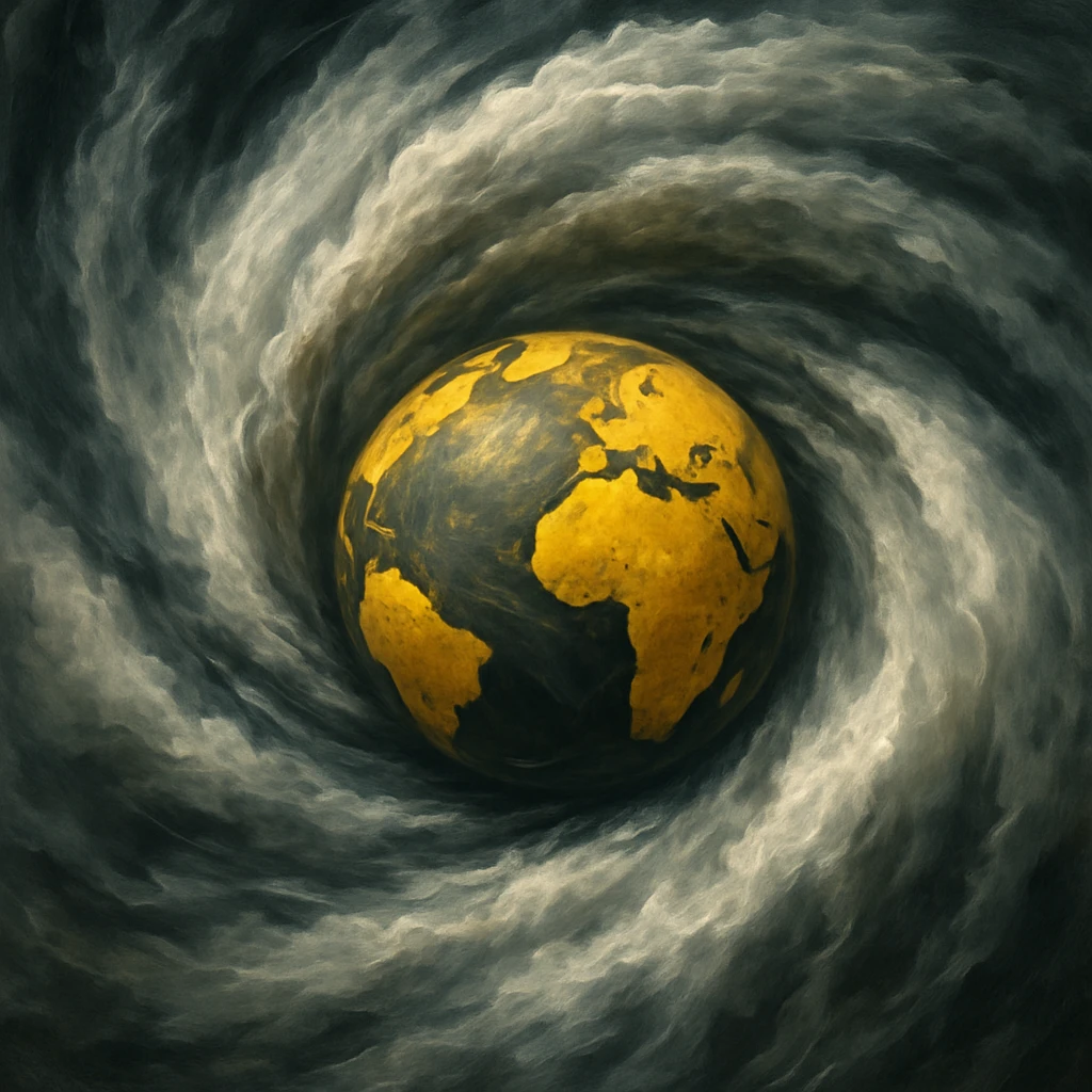 yellow globe caught in a powerful hurricane, swirling clouds, sense of movement emoji