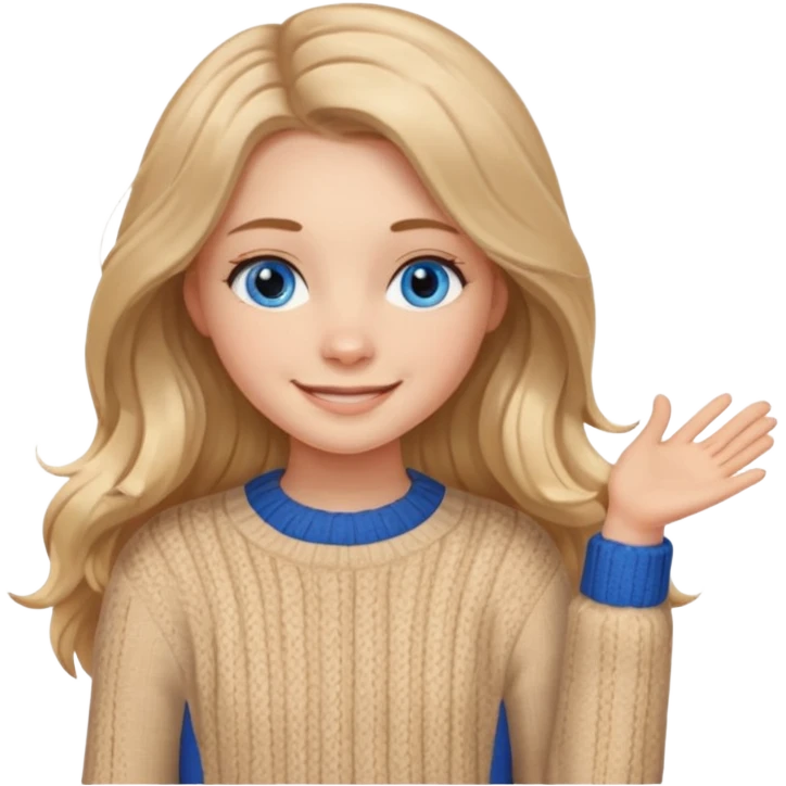 ЗГЕНЕРУЙ ДІВЧИНУ З СВІТЛИМ, ПШЕНИЧНИМ, ТРОХИ ХВИЛЯСТИМ ВОЛОССЯМ, ОДЯГНЕНУ У В'ЯЗАНИЙ ТІЛЕСНИЙ СВЕТР. В НЕЇ ГОЛУБІ ОЧІ ТА ДОВГЕ ВОЛОССЯ, ВОНА УСМІХНЕНА emoji