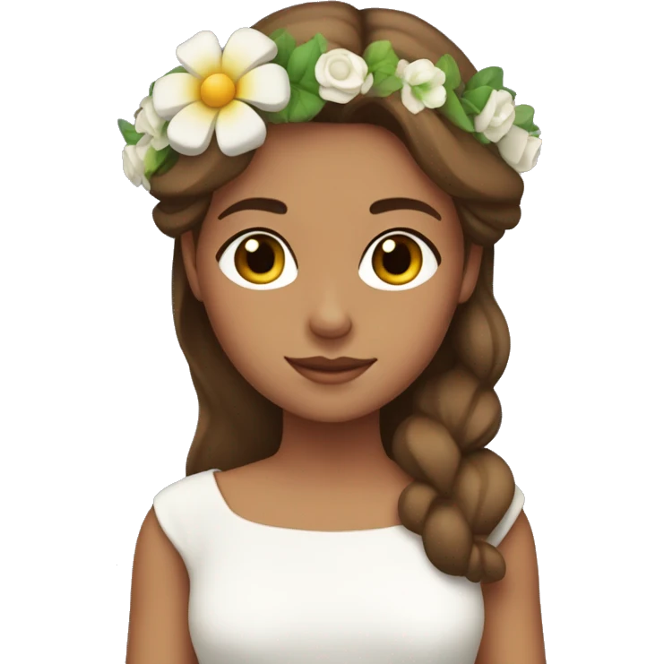 A girl with brown hair and taned skin wearing a white dress with flowers crown  emoji