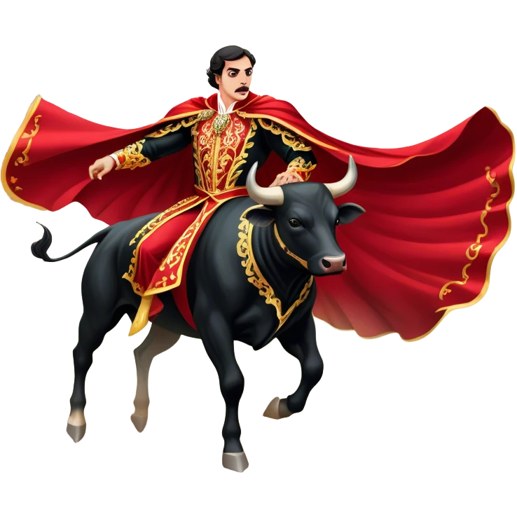 ​Cinematic Realistic Spanish Matador in Action, depicted in an ornate traje de luces with a flowing red cape, captured in the dramatic moment of confronting a charging bull in a traditional bullring, rendered with dynamic motion and dramatic lighting that encapsulates the intensity and artistry of the spectacle, emoji