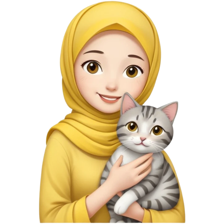 Asian White girl wearing yellow hijab and white dress holding a black grey tabby cat while smiling.  emoji