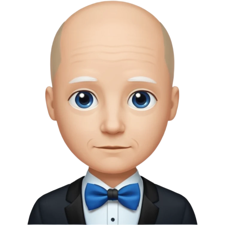 Bald with blue bow tie, midnight balck dress, middle age. emoji