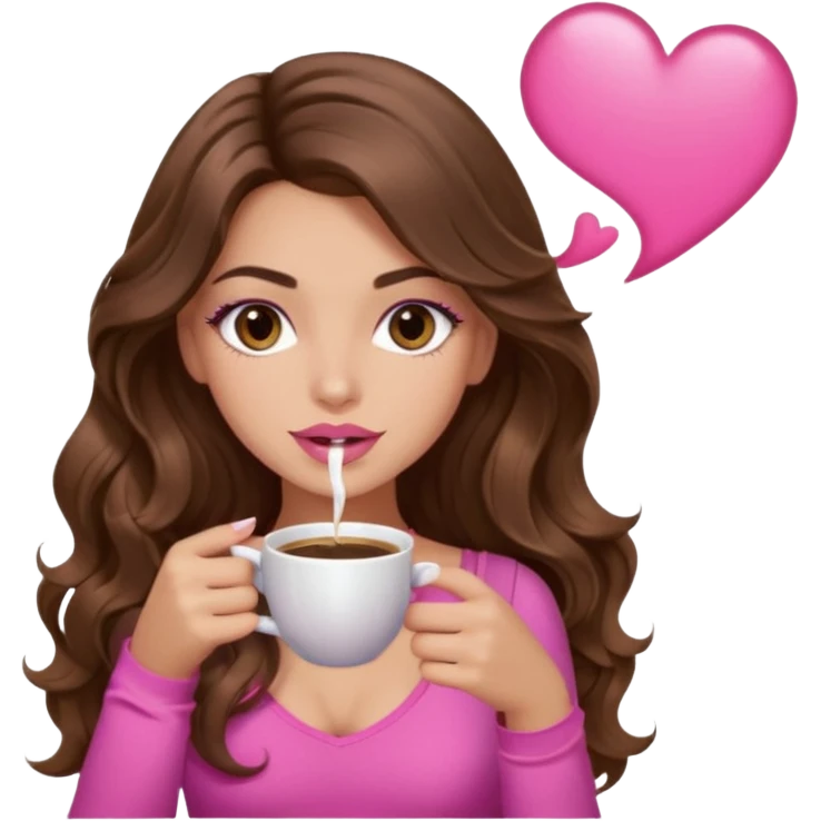 girl with long wavy brown hair, brown eyes, light to medium complexion, in a pink sexy top, pink lips, long lashes sipping coffee emoji