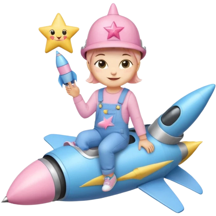 sweet kitten with pastel blue overalls, pastel blue sneakers, pastel pink star hat, sitting on a rocket, smiling, emoji style emoji