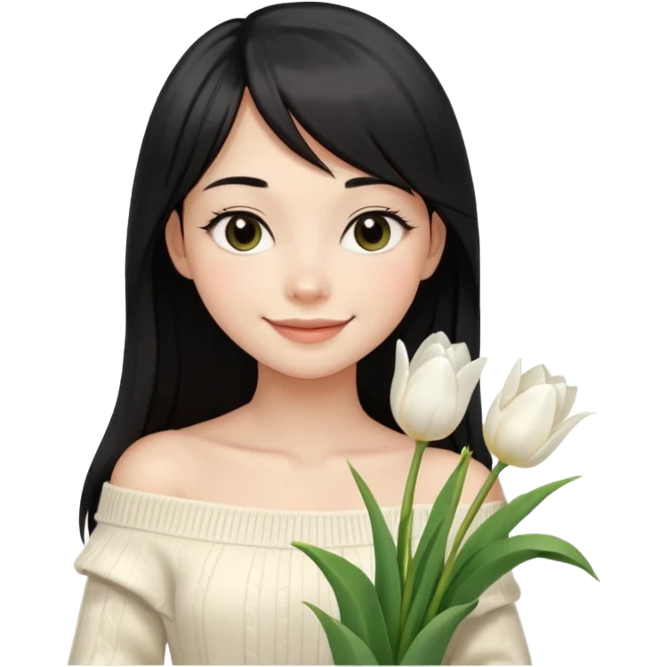girl with long black hair, thin bangs, black eyes, cream off-shoulder sweater, smiling, holding white tulips emoji