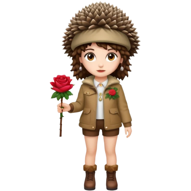 full body woman short curly brown mullet hair brown eyes white skin wearing hedgehog hat and thorny rose jacket emoji