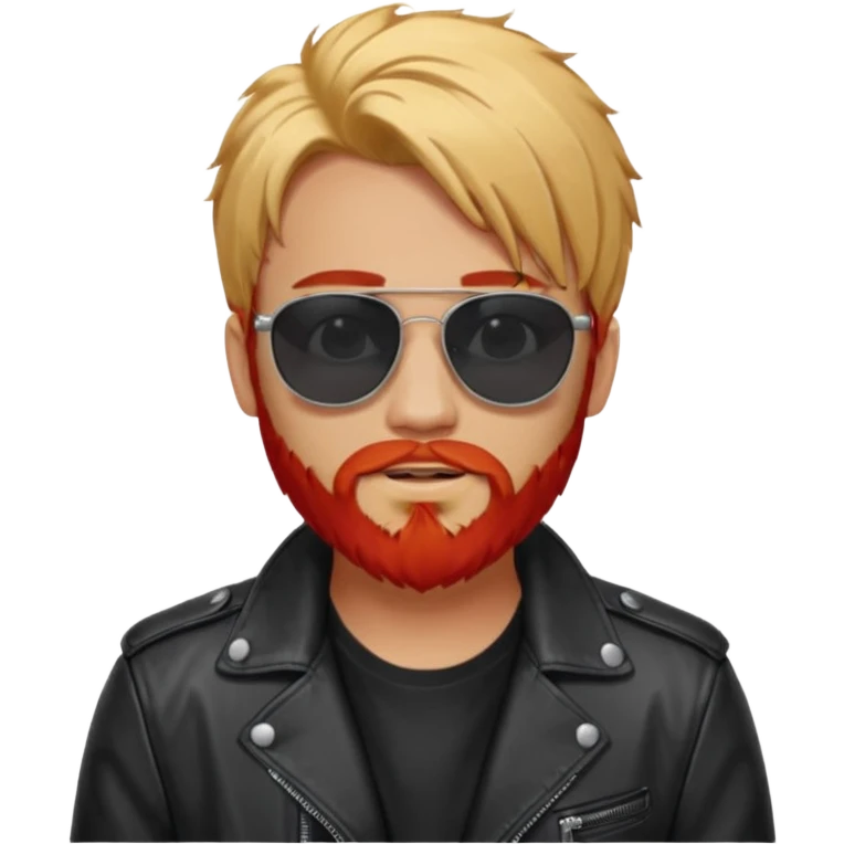 generate an ios genmoji of a 20 year old tan boy with black sunglasse Wearing a leather jacket. Has a dyed blonde beard and veryyyyy long red hair emoji