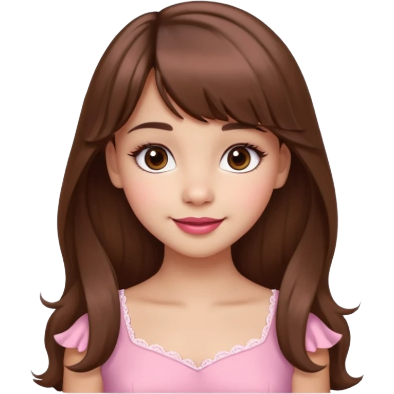A cute girl with medium skin, soft pinkish cheeks, large bambi dark hazel eyes with long eyelashes, long wavy brown hair with bangs, medium straight nose with a soft tip, medium natural red lips, very feminine and pretty features, wearing a beautiful pink dress.l emoji