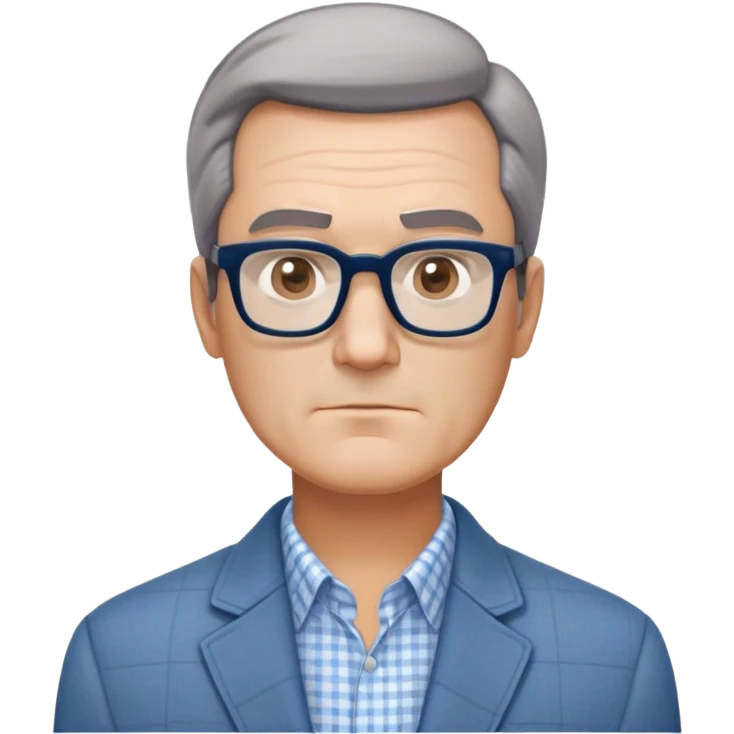50-year-old man with square face, large dark square glasses, short straight hair combed to the side with some gray. Serious-relaxed expression with subtle age lines. Light gray jacket, white shirt with blue checkered pattern. emoji