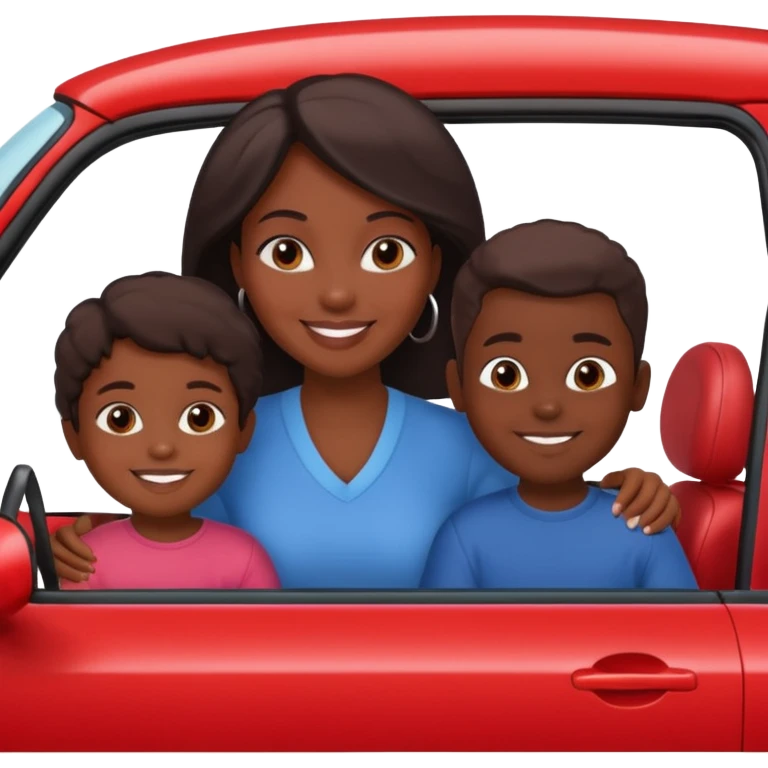 a single Dark Skin mom with two children, one young boy and a baby girl in a car red emoji
