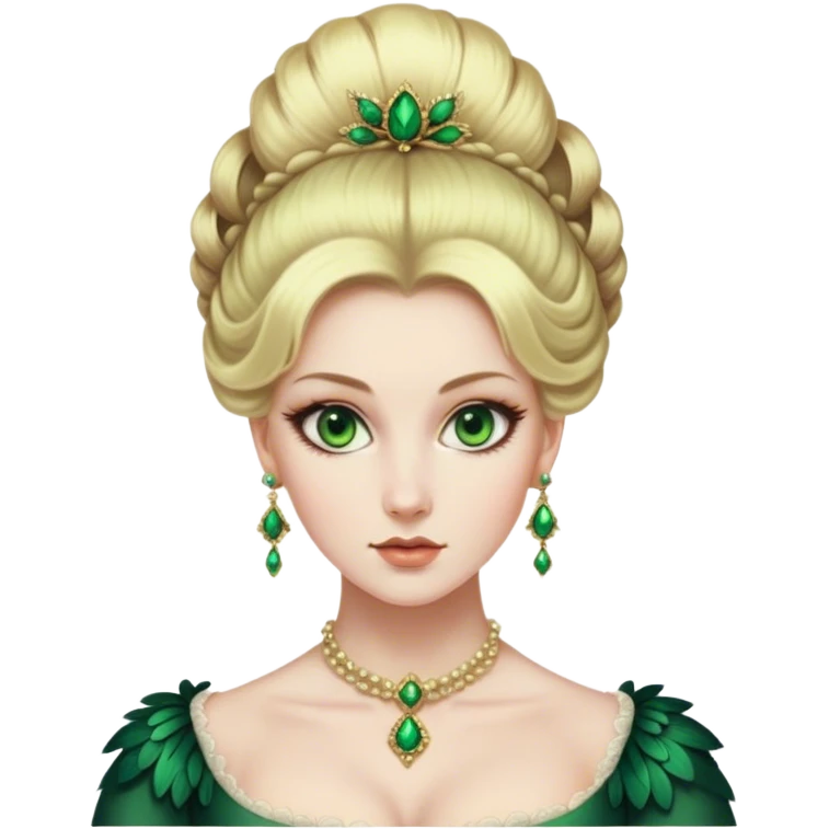 lady with Pale complexion, sharp features, high cheekbones, Blonde hair, green eyes, Regency-era elaborate updo, voluminous hairstyle, feathered ornaments emoji
