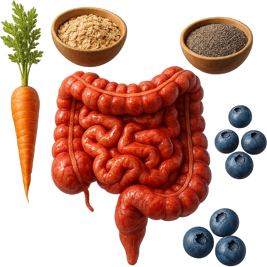 intestino umano anatomico infiammato al centro con carota, bowl di avena, mirtilli, bowl di semi di chia che gli fluttuano intorno , iperrealistico 4k emoji