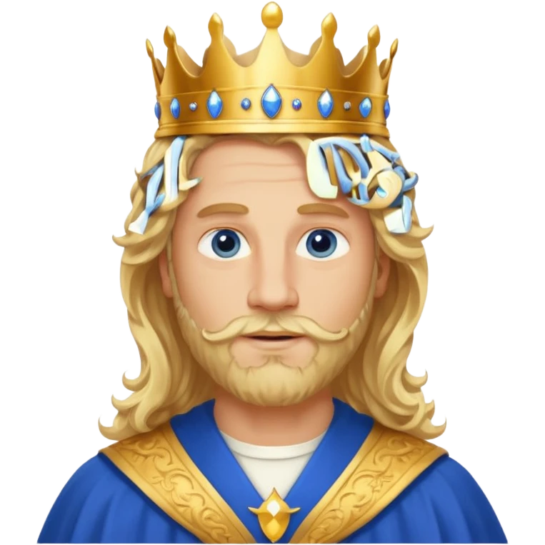 1 Middle-aged white king, 40 years old, blond hair, blond beard, long curly hair, blue eyes, kind and benevolent vibe, gentle smile, wearing a crown and blue robe emoji emoji