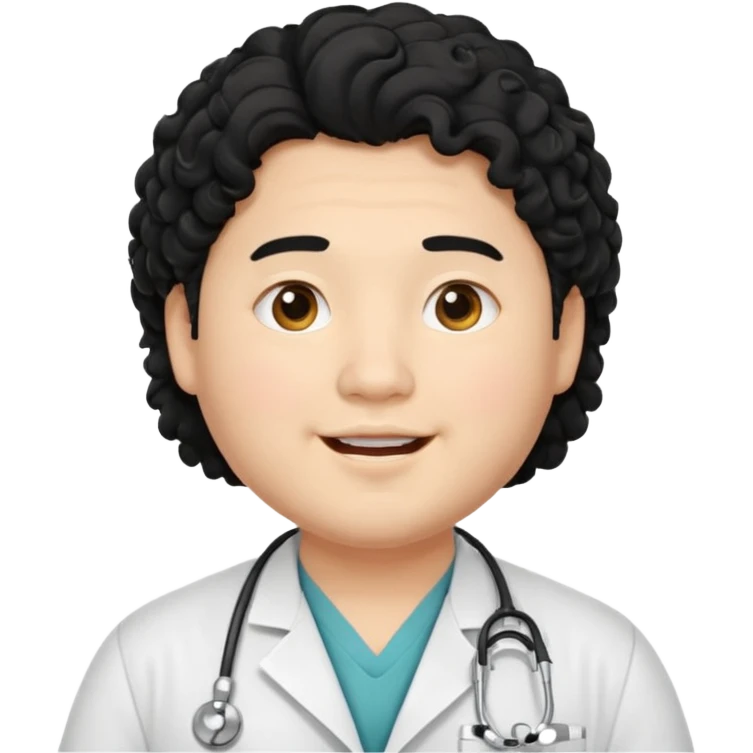 a young asian chubby male doctor with black long curly hair and cheerful face without gpasses emoji