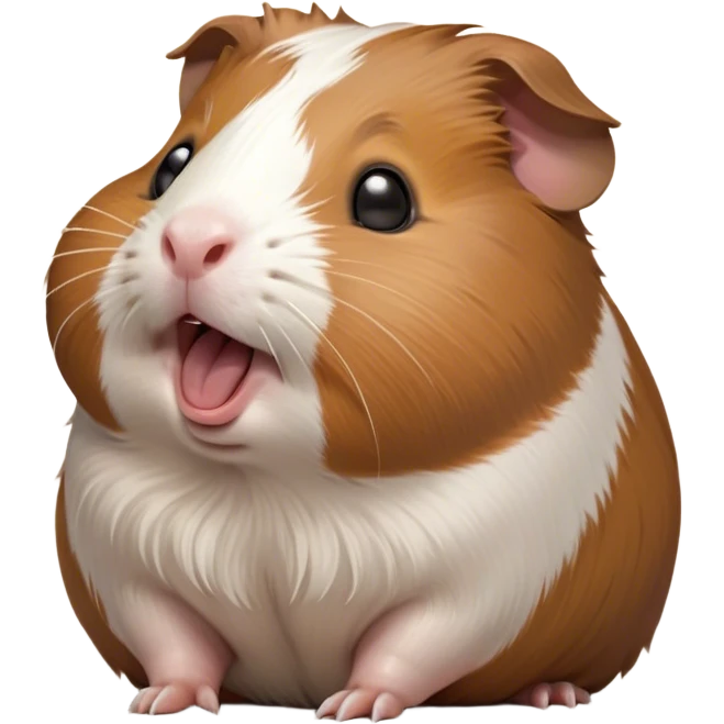 Cinematic Cute Yawning Brown and White Banded Guinea Pig Portrait Emoji, Head tilted slightly with a dramatic, wide-open yawn, revealing a soft, banded fur of brown and white with tiny, droopy ears, round dark eyes barely open in drowsy contentment, Simplified yet irresistibly adorable features, highly detailed, glowing with a soft, cozy glow, high shine, relaxed yet expressive, stylized with a touch of whimsy, bright and endearing, soft glowing outline, capturing the essence of a sleepy yet affectionate guinea pig, so drowsy it feels like it could stretch out of the screen and curl up for a nap! emoji